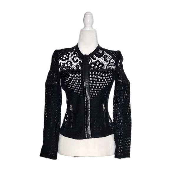 Iro Lewis Black Leather and Lace Crochet Evening Blazer Jacket Women's Size 1 - Picture 3 of 9